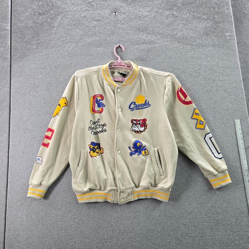 Crooks & Castles Men Jacket L‎ Beige Embroidered Varsity Fleece Ruling Elite